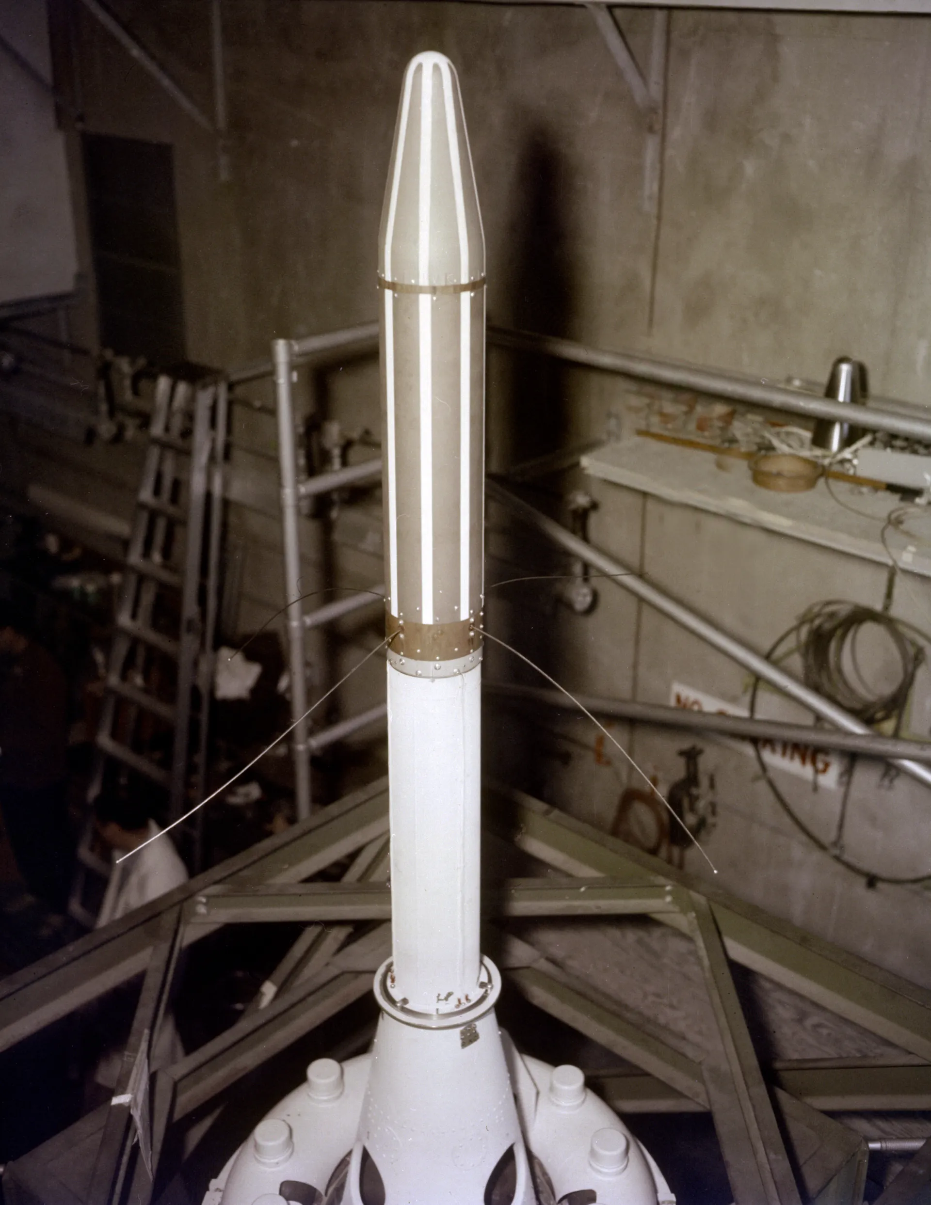 Explorer 1 on its launch vehicle at Cape Canaveral, 1958.