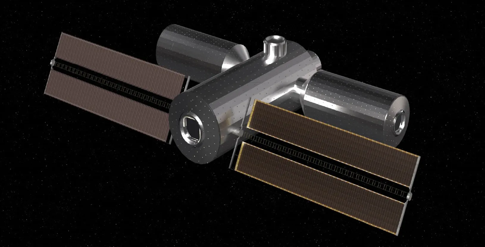 A rendering of a station made of a central cylindrical module with two solar-array wings and two smaller cylindrical modules attached at right angles, against black space.