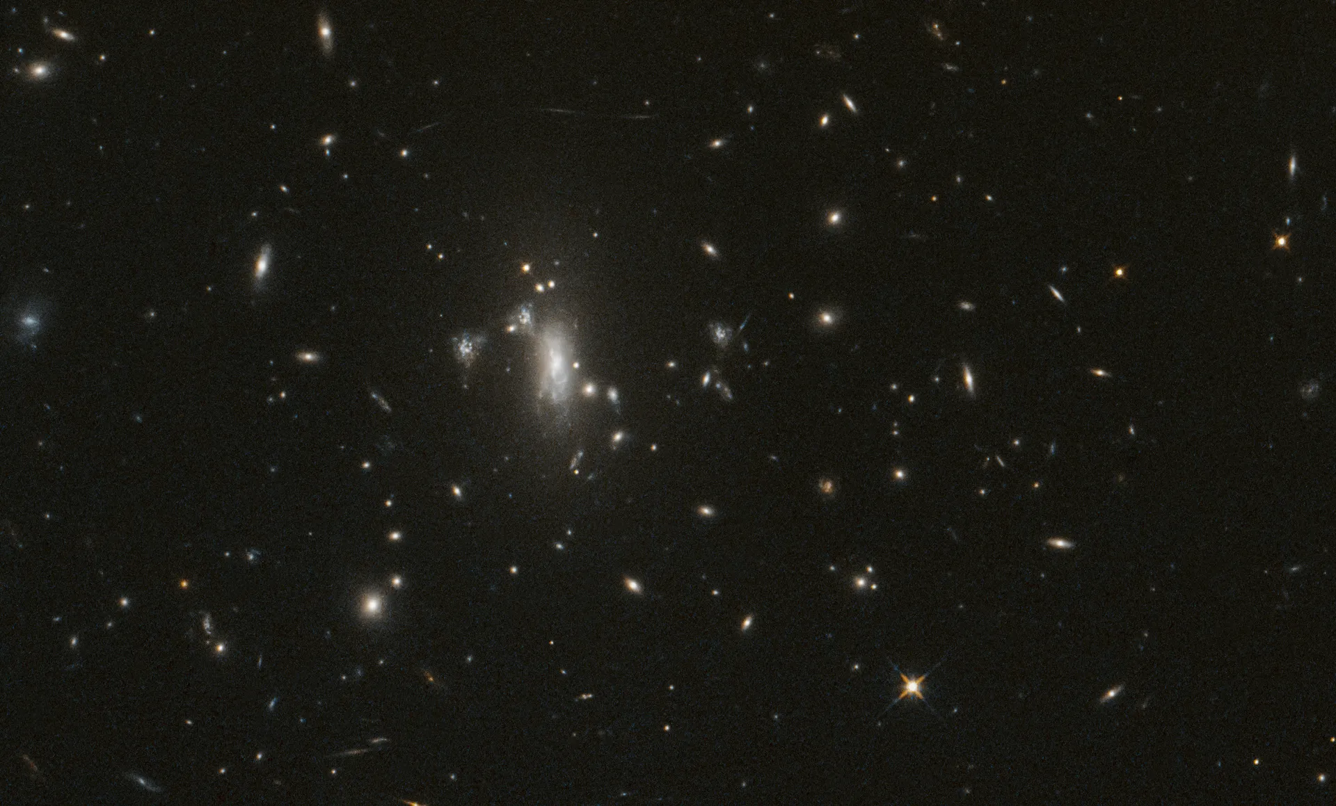 A dark field scattered with hundreds of small galaxies, white, gold and blue, around a cluster of bright galaxies left of center.