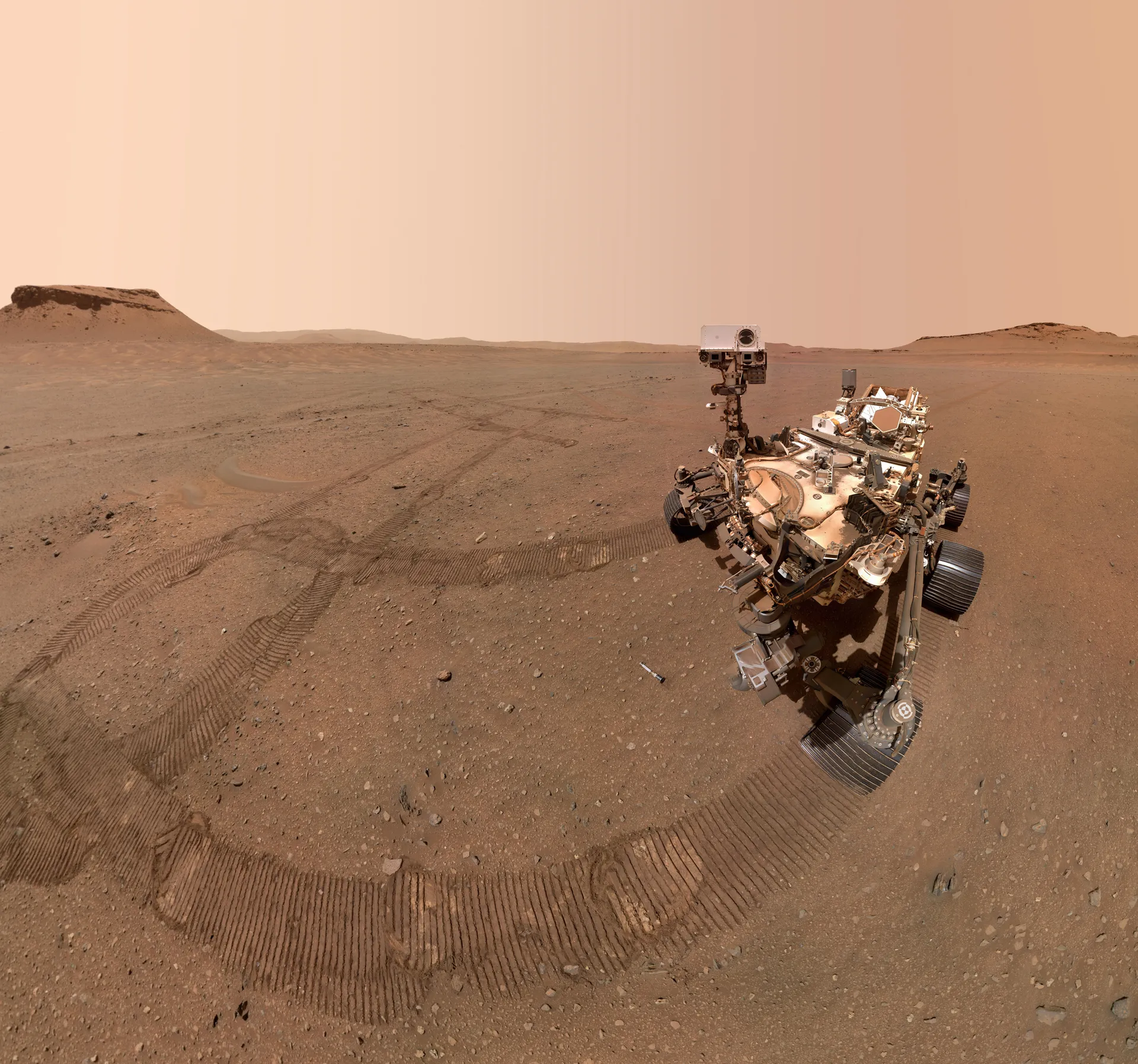 Perseverance on a flat, sandy plain with wheel tracks curving behind it; a small white sample tube lies on the ground in front.